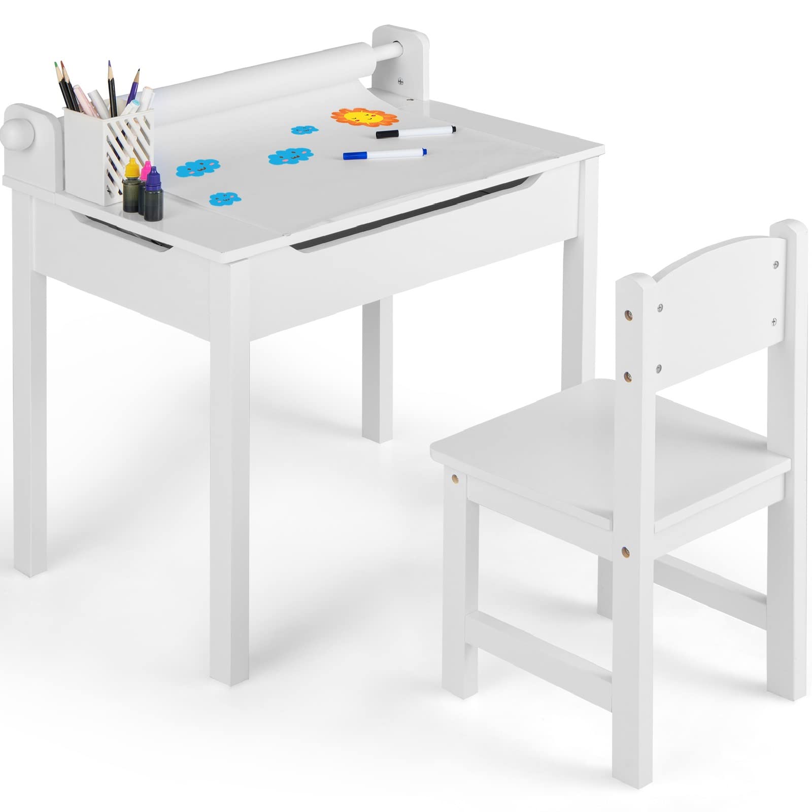 Childrens Table and Chairs, Kids Desk and Chair Set, Activity Table With  Roll Paper Holder 