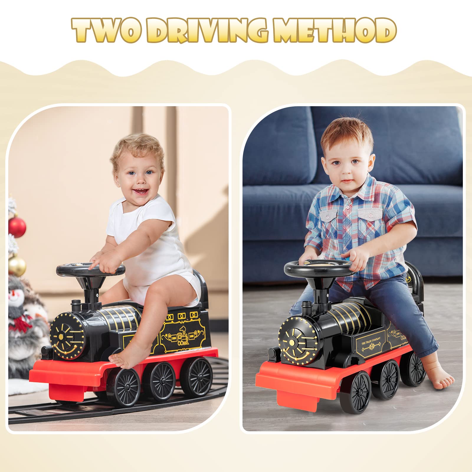 INFANS Kids Ride on Train with Track, 6V Electric Toy with Lights and