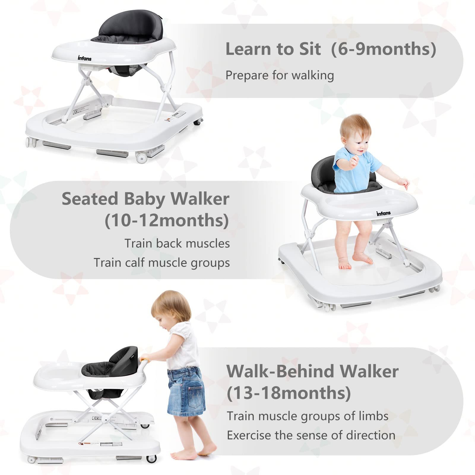 INFANS Foldable Baby Walker, 3 in 1 Toddler Walker Bouncer, Adjustable