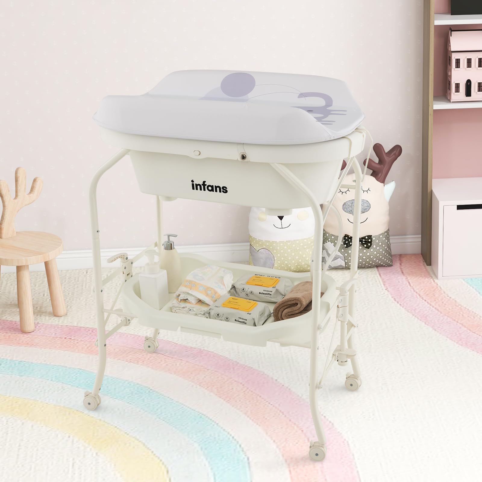 INFANS 2 in 1 Baby Changing Table with Bath Tub Unit Folding Diaper Dresser Station with Wheels Portable Nursery Organizer Stand White