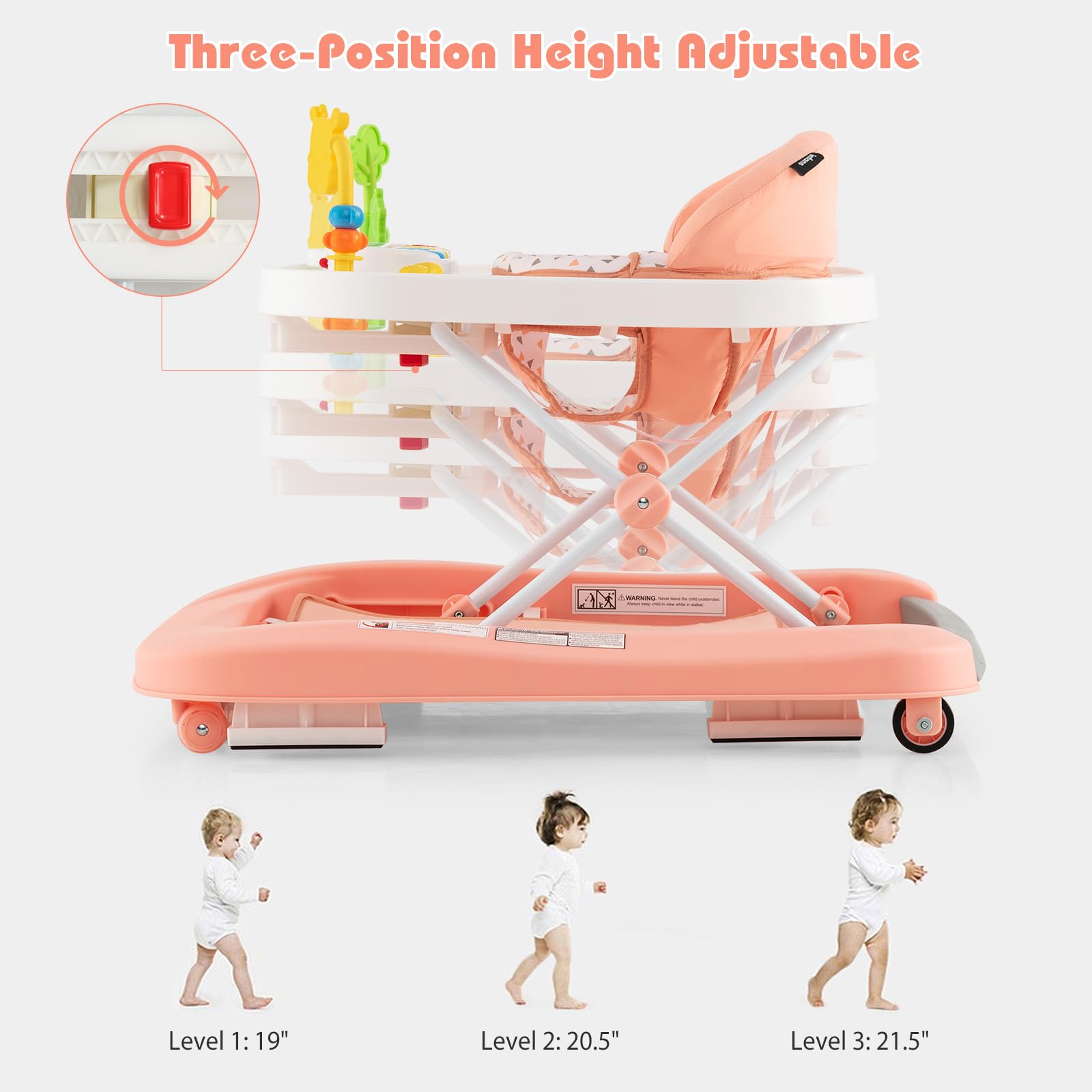 INFANS Foldable Baby Walker, 3 in 1 Toddler Walker Bouncer,  Learning-Seated, Walk-Behind, Music, Adjustable Height, High Back Padded  Seat, Detachable