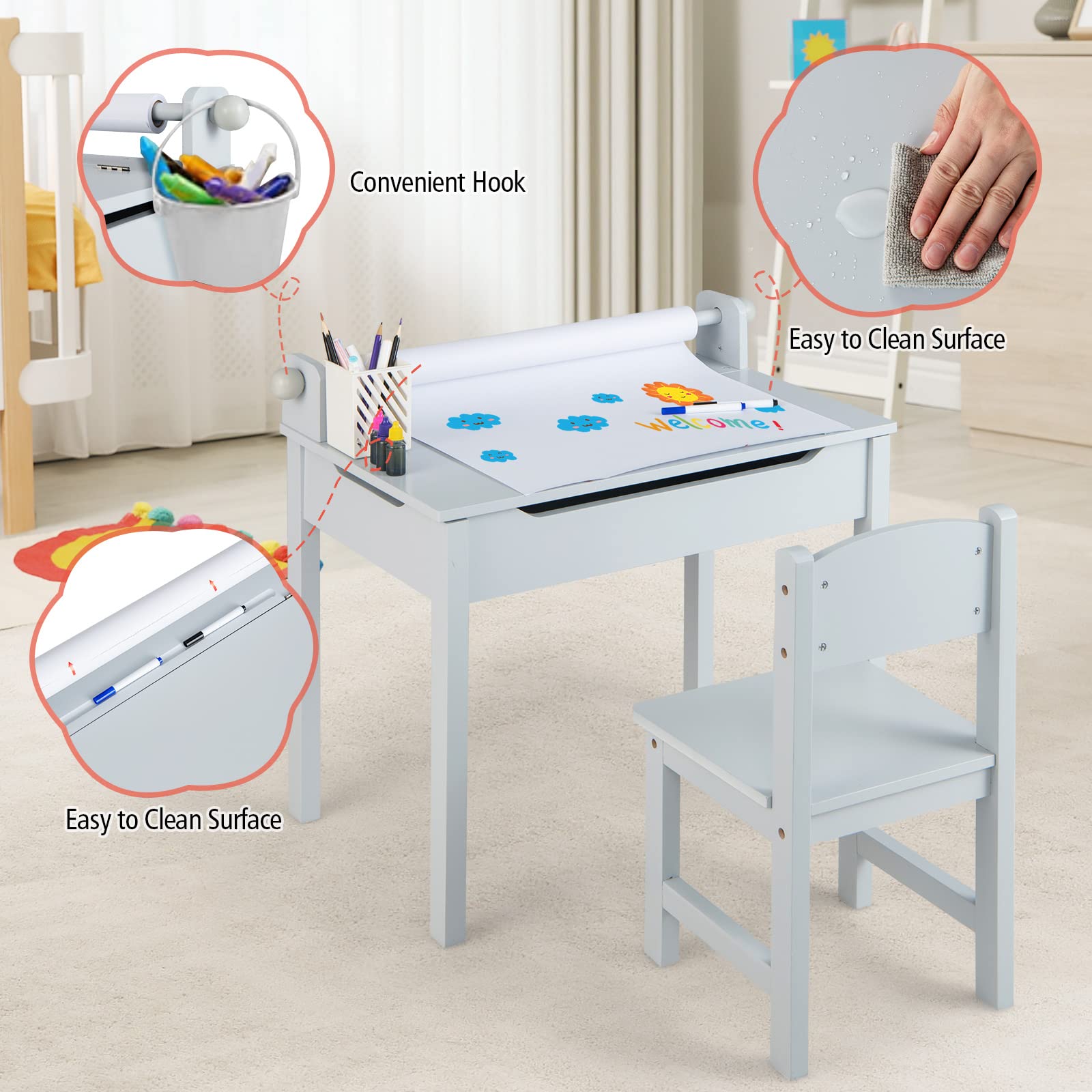 INFANS Kids Table and Chair Set with Paper Roll, Wooden Lift-top Desk