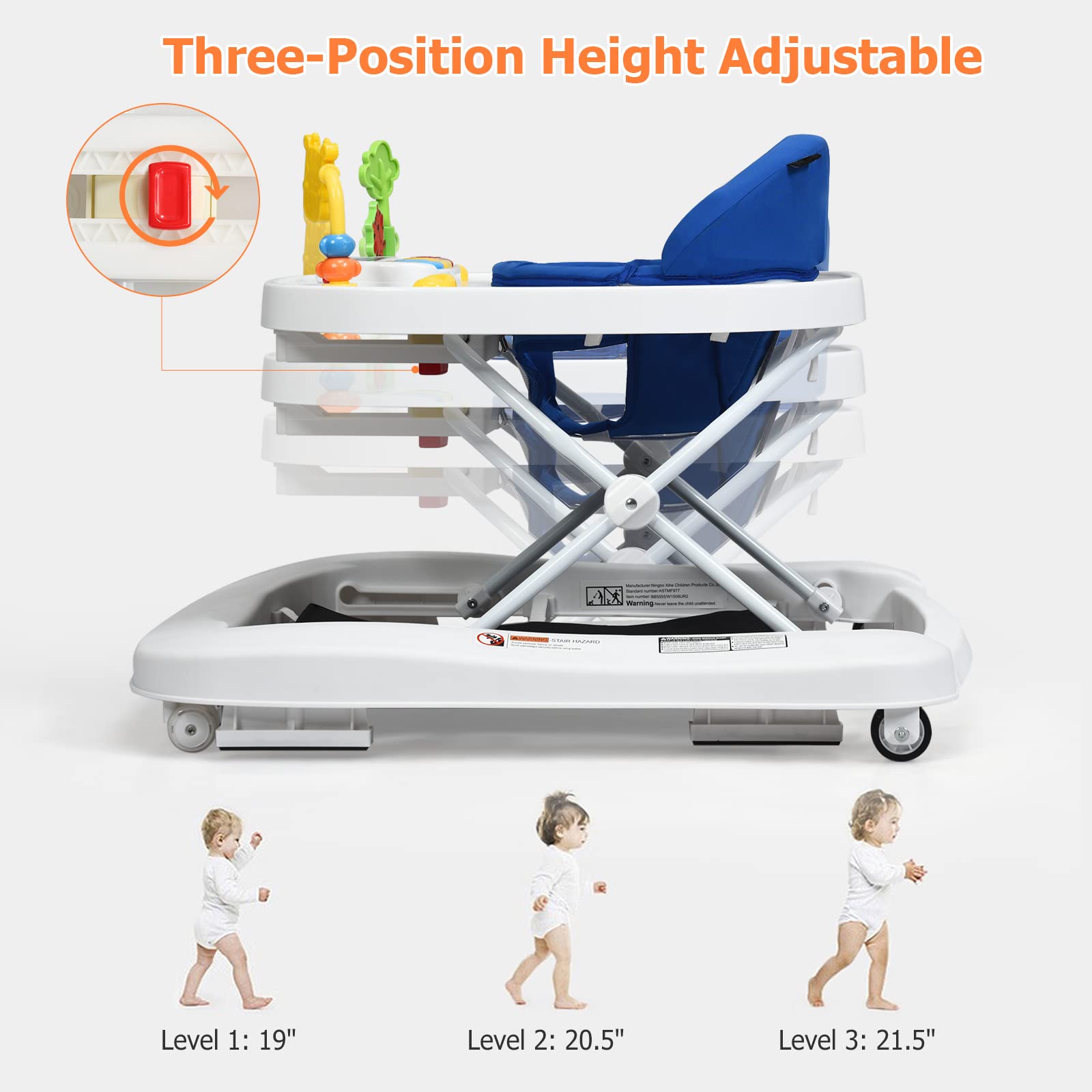 Foldable Baby Walker, 3 in 1 Toddler Walker Bouncer, Learning-Seated,  Walk-Behind, Music, Adjustable Height, High Back Padded Seat, Detachable