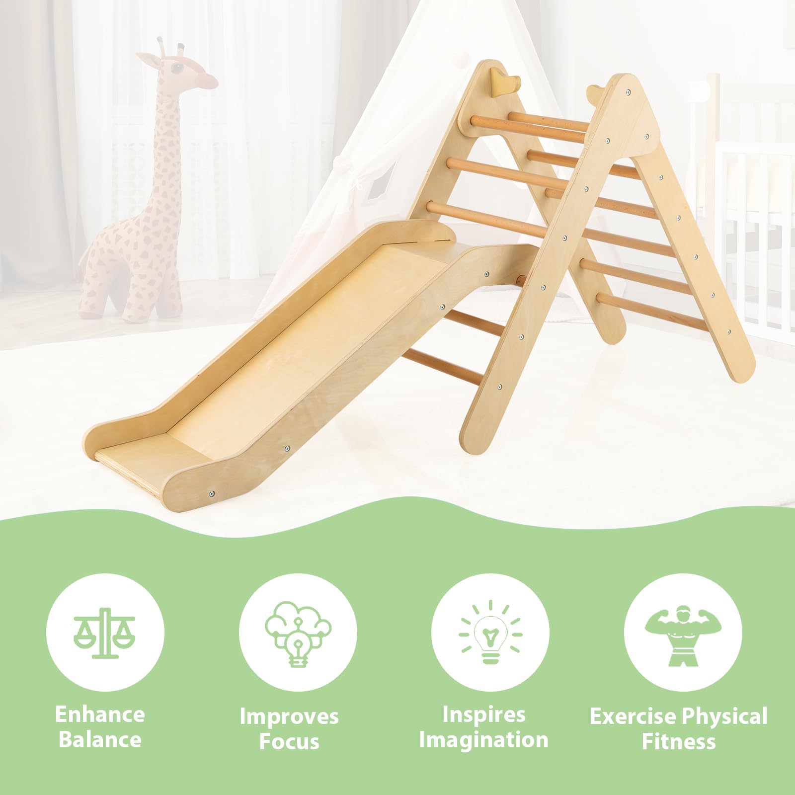 Wooden 3-in-1 Triangle Climber with Ladder & Slide - Adjustable Heights -  JumpOff Jo