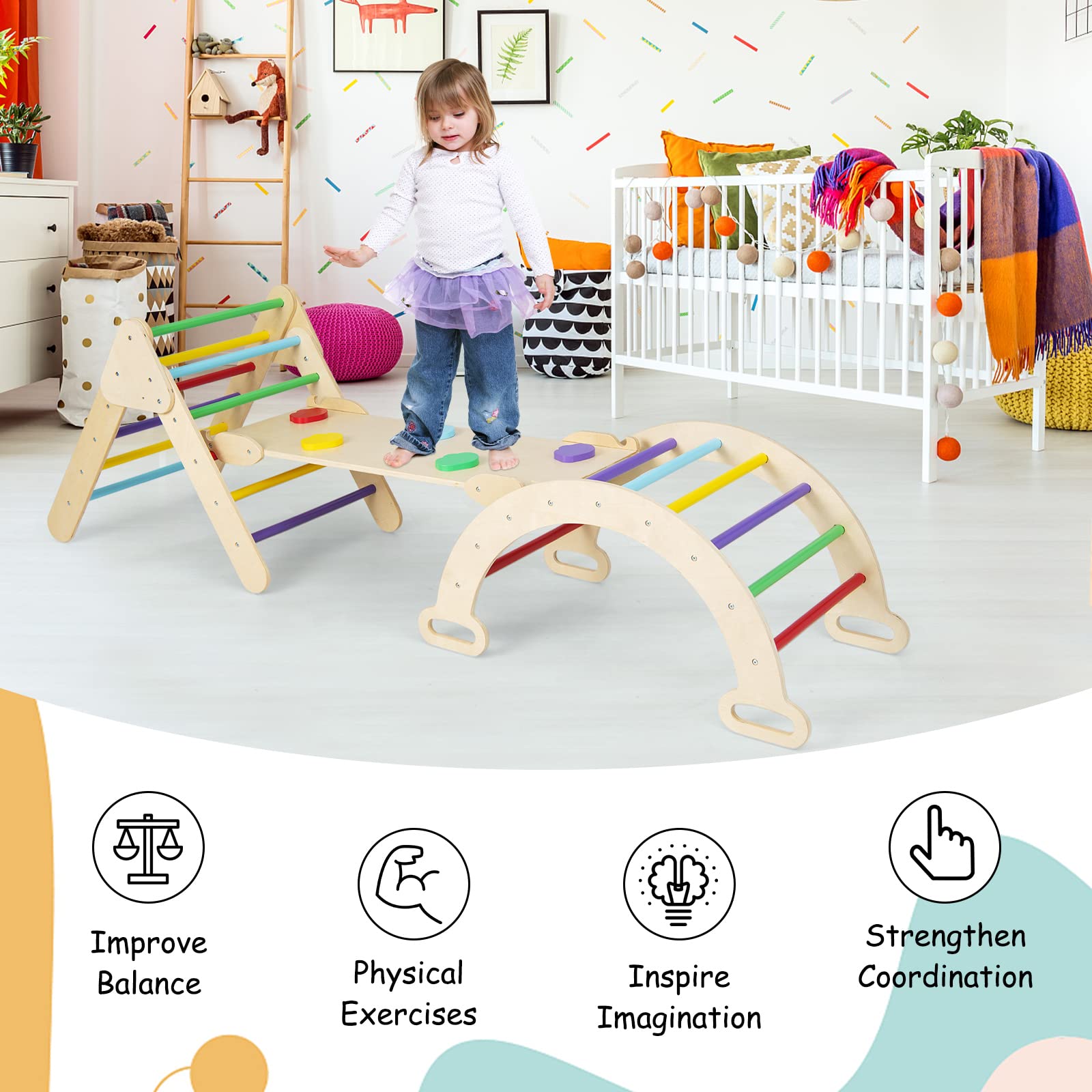INFANS Kids Wooden Triangle Climber, Toddler Climbing Toys with 3 Different  Climbing Ladders, Indoor Playful Climbing Toys with Stable Structure, Gift