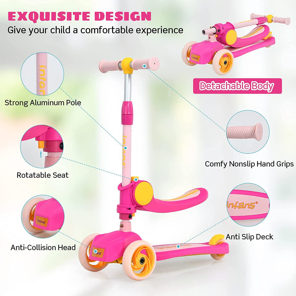 3 Wheel Scooter for Kids with Removable Seat for Girls Boys Ages 3-8 INFANS