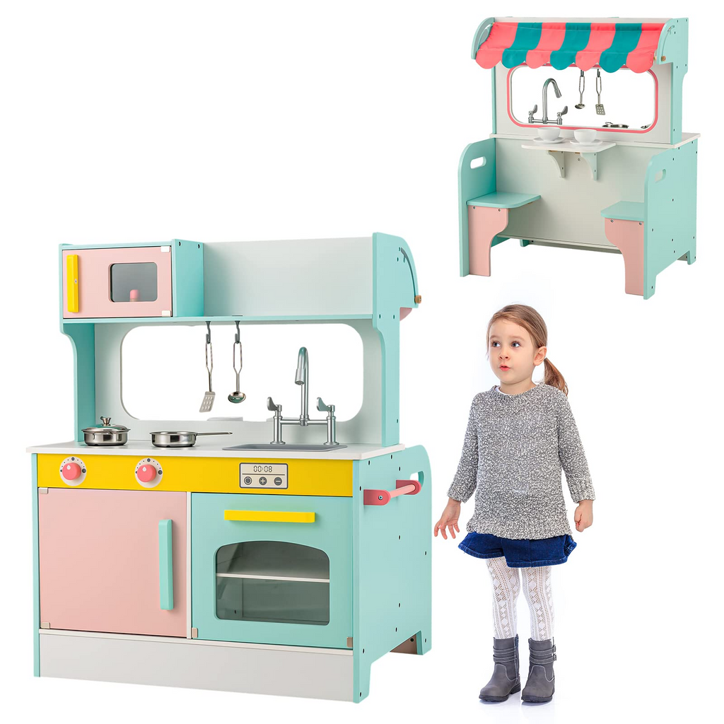 INFANS 2 in 1 Kids Play Kitchen and Restaurant, Double Sided Toddler Wooden Pretend Cooking Set with Stove Sink Microwave Storage Cabinet INFANS