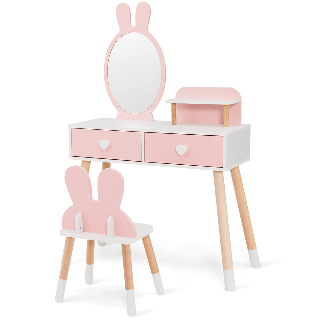 INFANS Kids Vanity Set, 2 in 1 Wooden Princess Makeup Table and Chair with Mirror INFANS