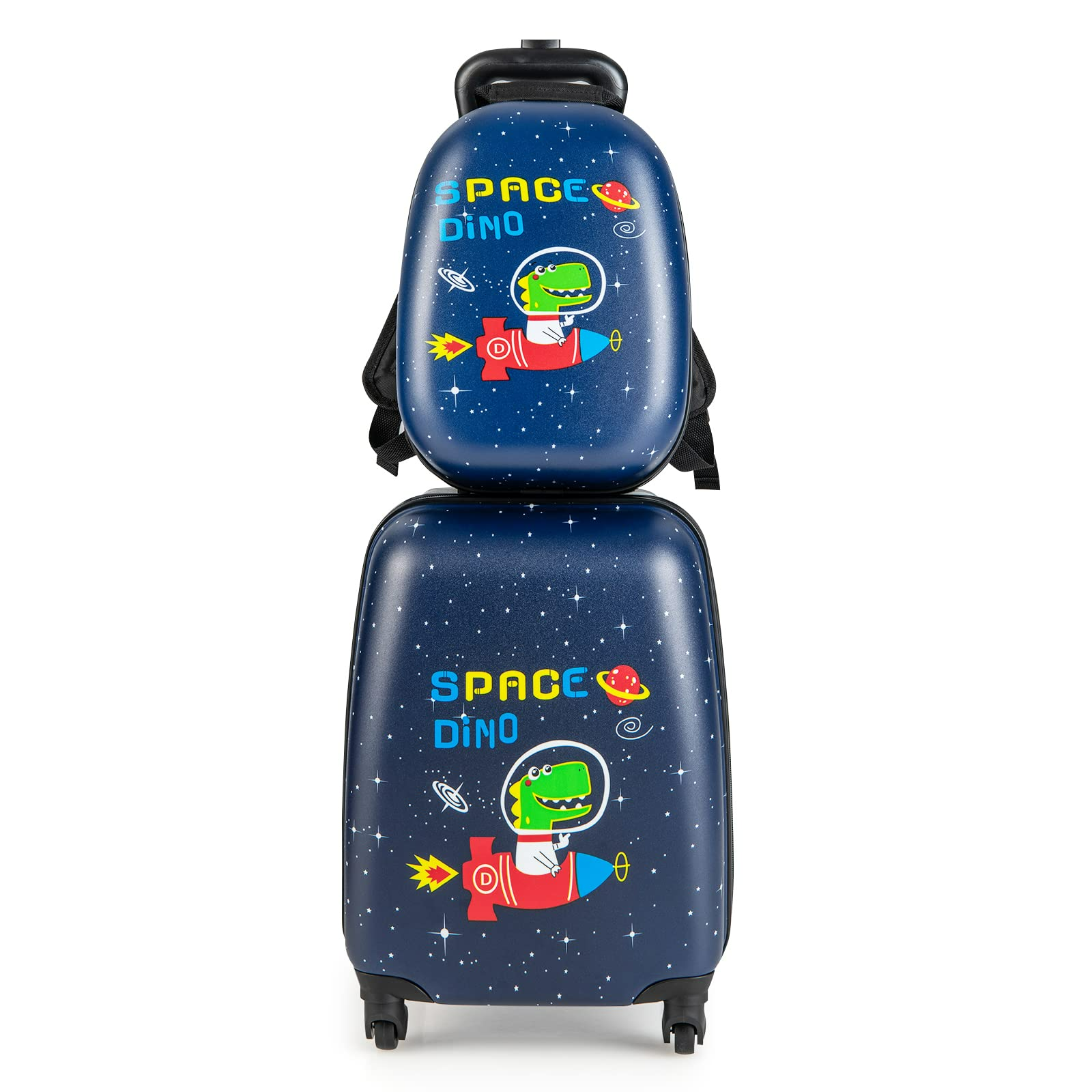 INFANS Kid Luggage Set, 12’’ Travel Backpack and 16’’ Carry on Suitcase with Rolling Spinner Wheels for Children Boys Girls, Space Dinosaur