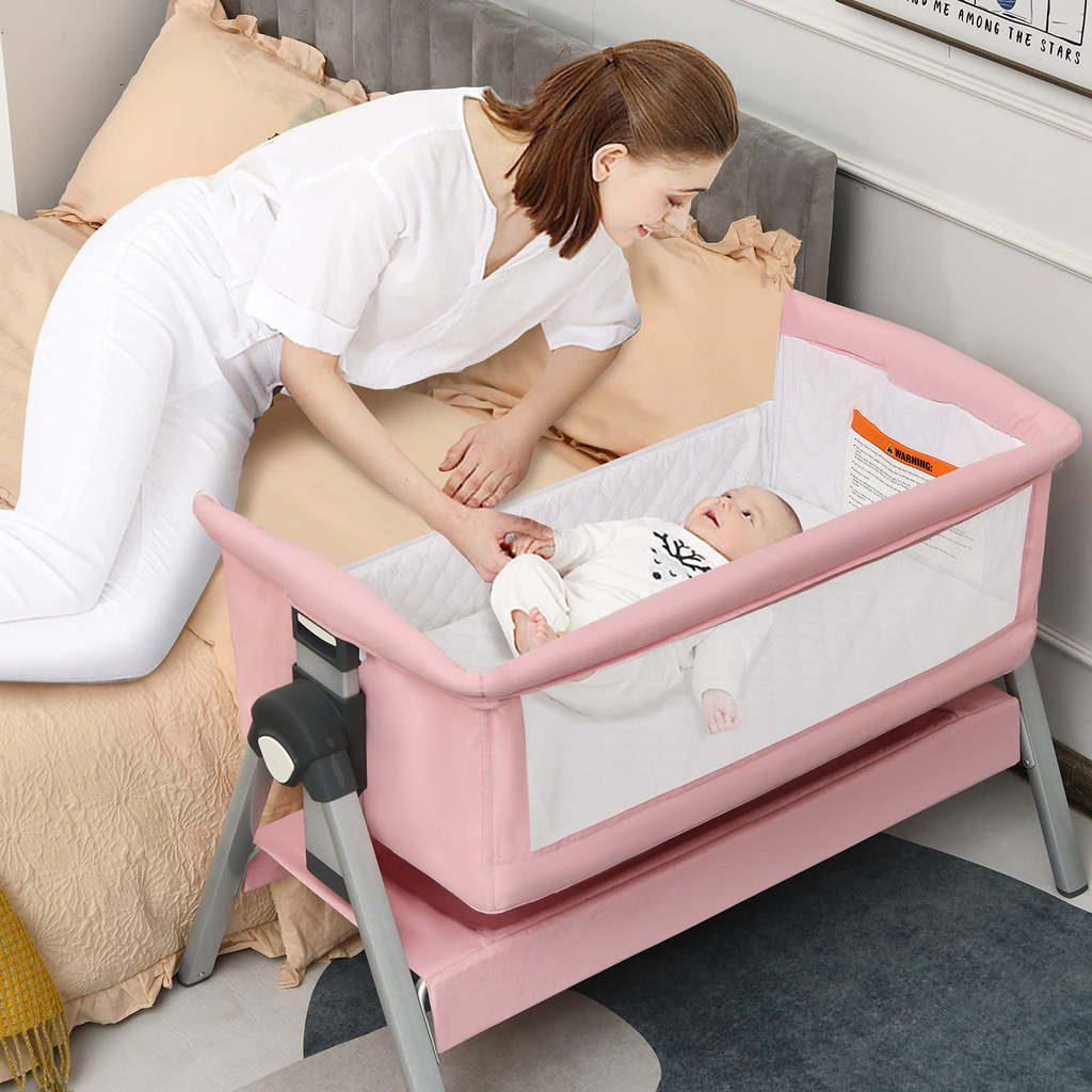 INFANS 3 in 1 Baby Bassinets, Bedside Sleeper for Newborn, Folding Crib with Mattress, Pink