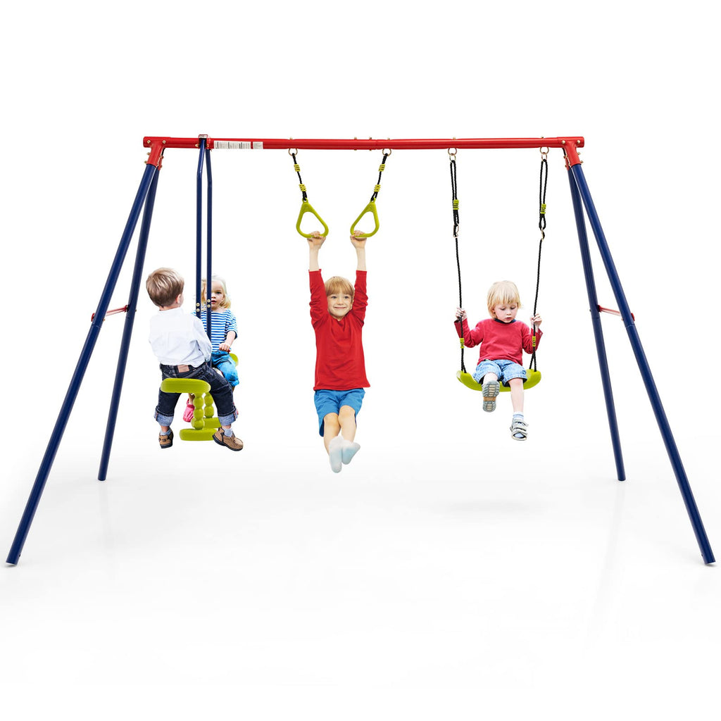 OLAKIDS 440lbs Swing Set, Outdoor 3 in 1 A-Frame Heavy Duty Metal Stand for Kids and Adults, Backyard Playground Activity Playset with Swing Seat, Glider, Trapeze Rings for Toddlers INFANS