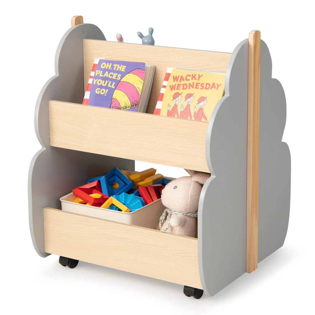 INFANS Kids Bookshelf with Wheels, Wooden Bookcase Toy Storage Cabinet Organizer Holder INFANS