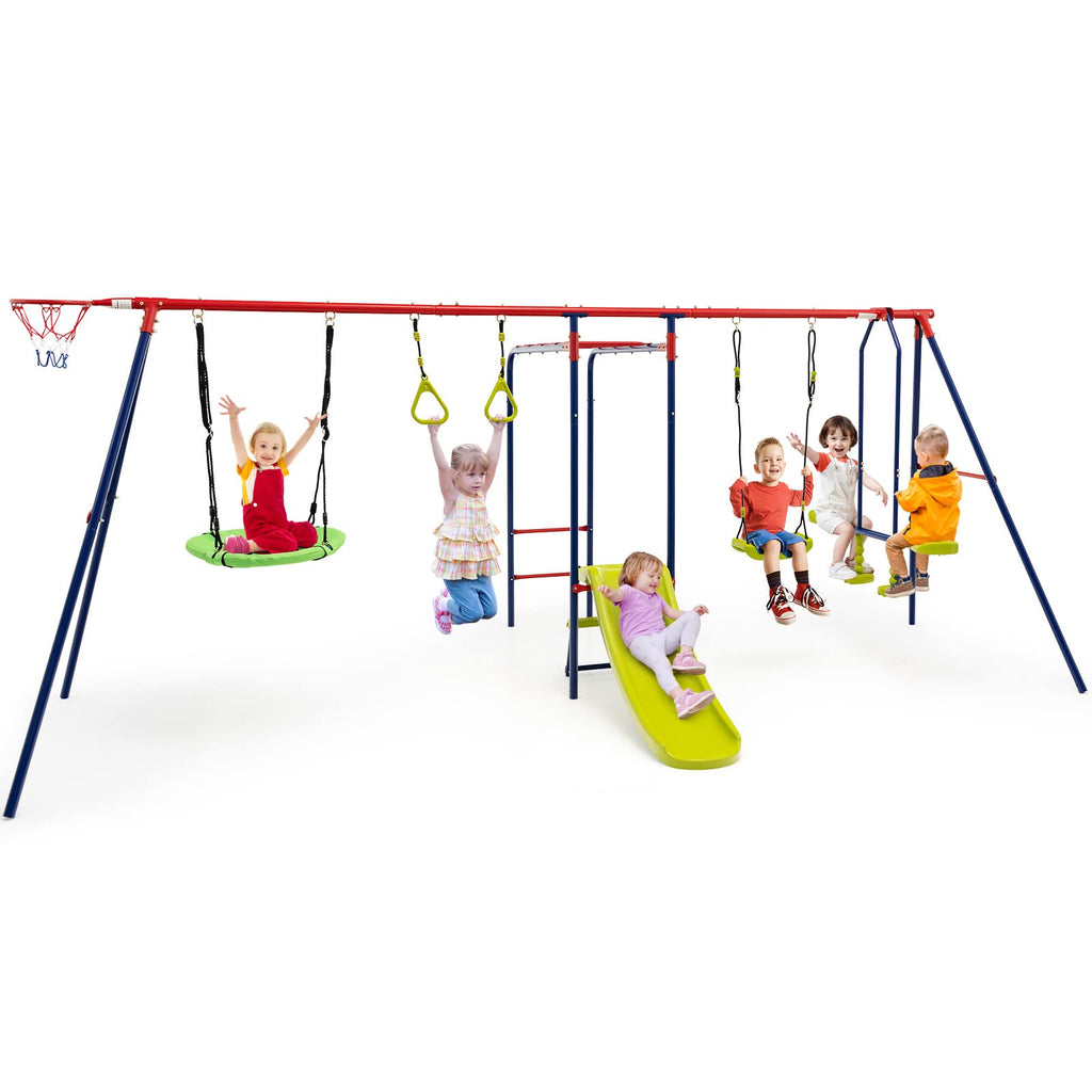 OLAKIDS 660lbs Swing Set, Outdoor A-Frame Heavy Duty Metal Swing Stand for Kids Adults, Backyard Playground Activity Playset with Slide, 2 Swings, Glider, Trapeze Rings, Monkey Bar, Basketball Hoop INFANS