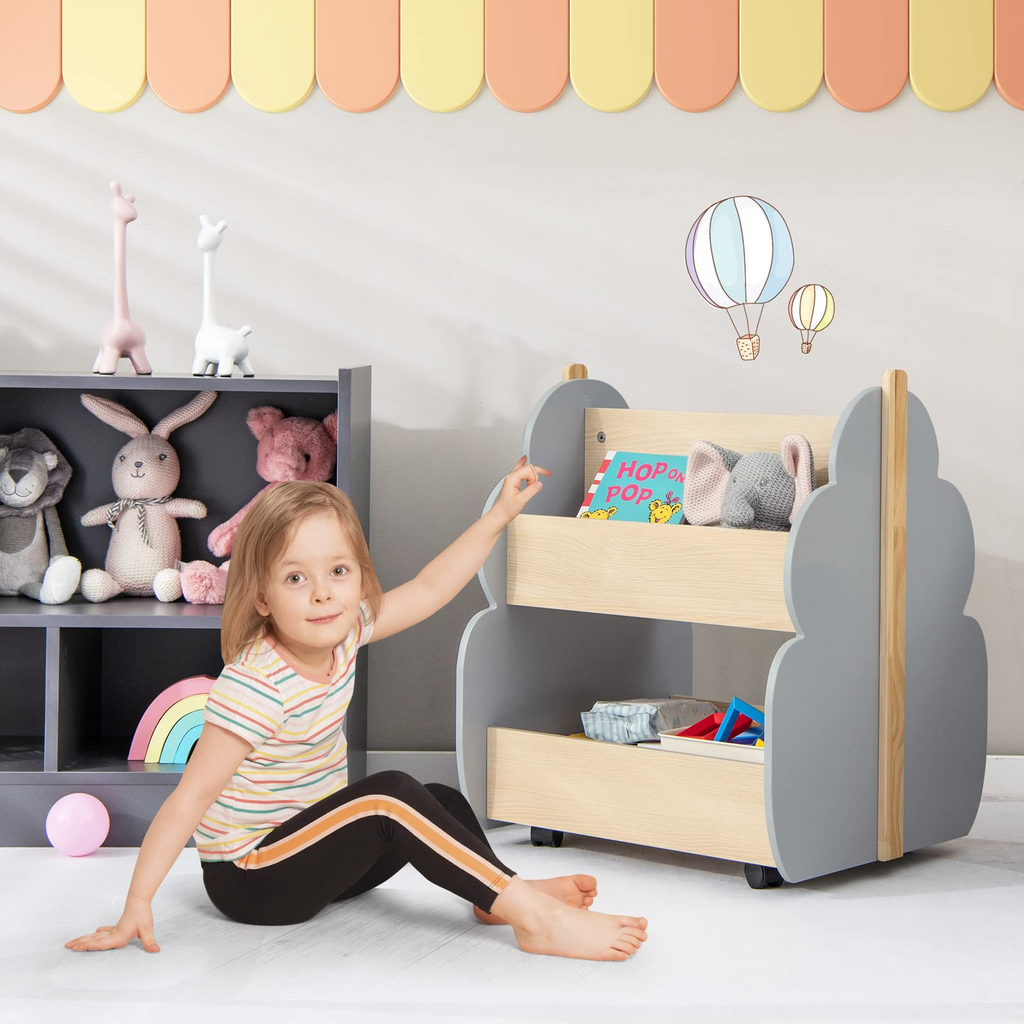 INFANS Kids Bookshelf with Wheels, Wooden Bookcase Toy Storage Cabinet Organizer Holder INFANS