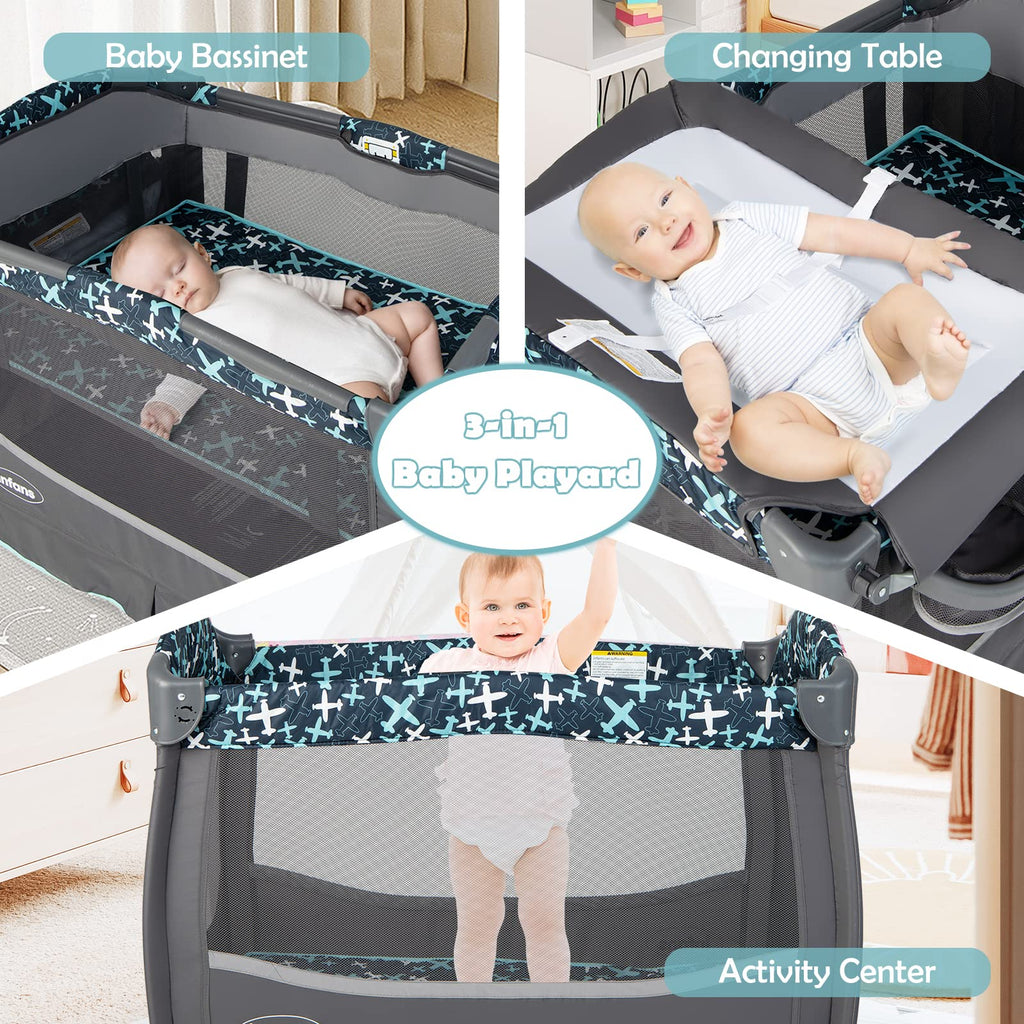 INFANS Baby Pack and Play, Portable Nursery Center with Bassinet Crib Mattress, Changing Table INFANS
