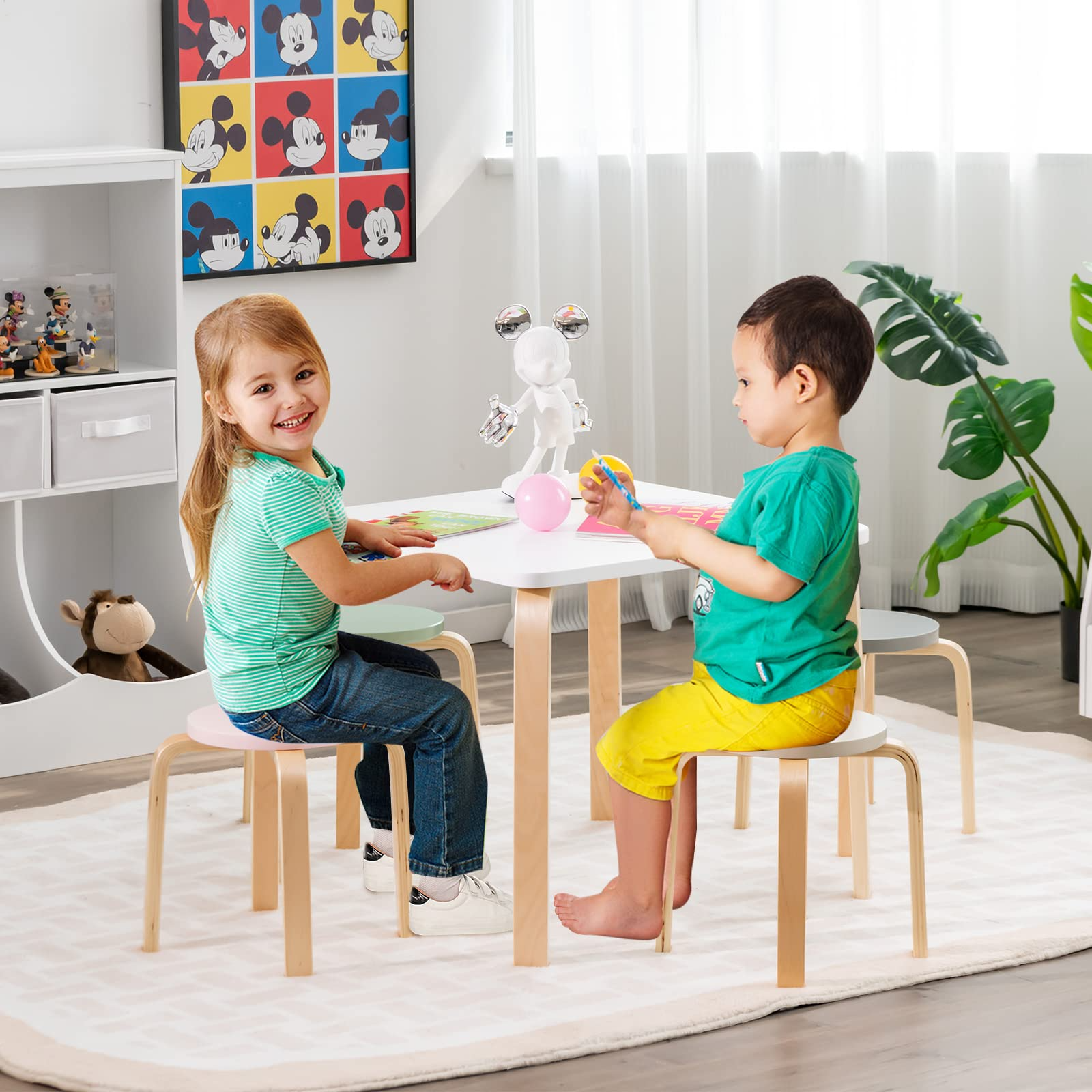 INFANS Kids Wooden Table and Stool Set 5 Piece Activity Table with 4