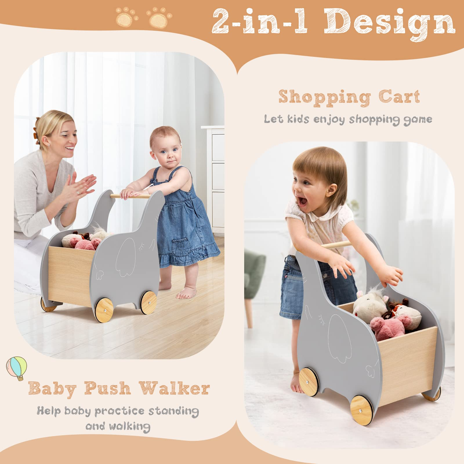 INFANS 2 in 1 Baby Wooden Push Learning Walker with Wheels Children W