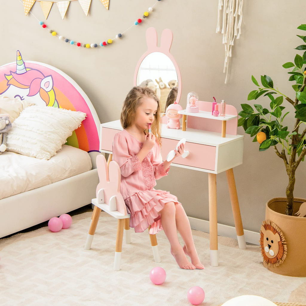INFANS Kids Vanity Set 2 in 1 Wooden Princess Makeup Table and Chair