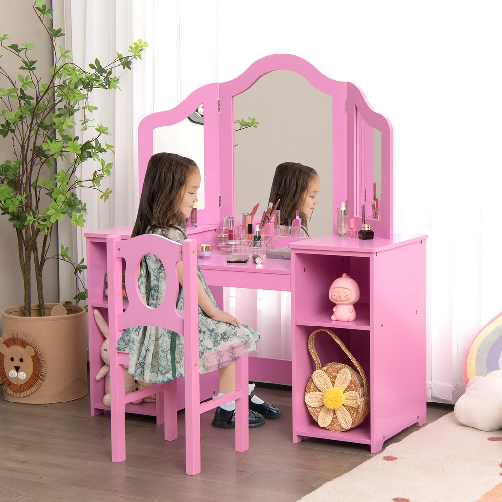 2 in 1 Princess Makeup Desk & Chair Set with Tri-Folding Detachable Mirror INFANS