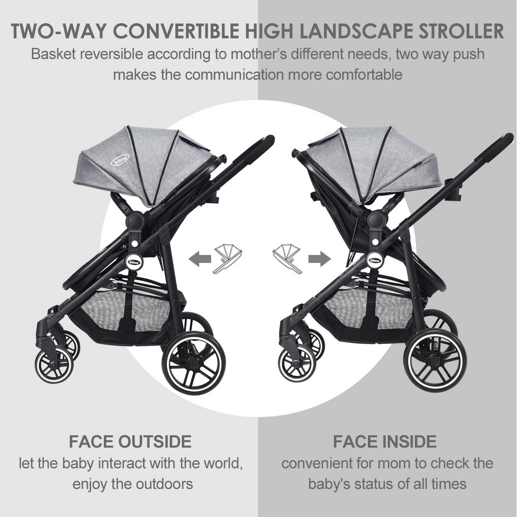 INFANS 2 in 1 Baby Stroller, High Landscape Infant Stroller & Reversible Bassinet Pram, Foldable Pushchair with Adjustable Canopy INFANS