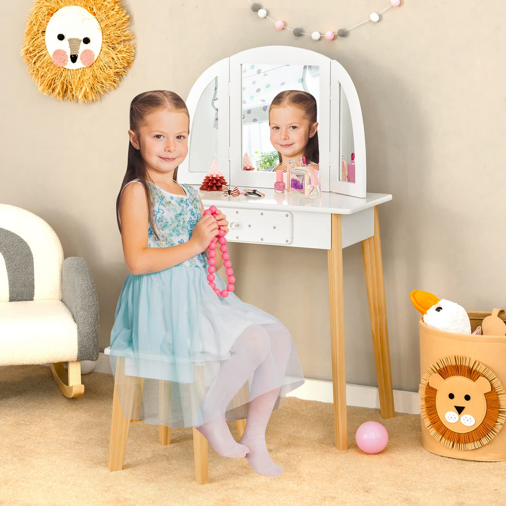 INFANS Kids Vanity Table and Chair Set, Pretend Beauty Play Vanity Set with Tri-Folding Mirror Drawer Stool and Detachable Top, 2 in 1 Wooden Princess Makeup Dressing Table for Girls INFANS
