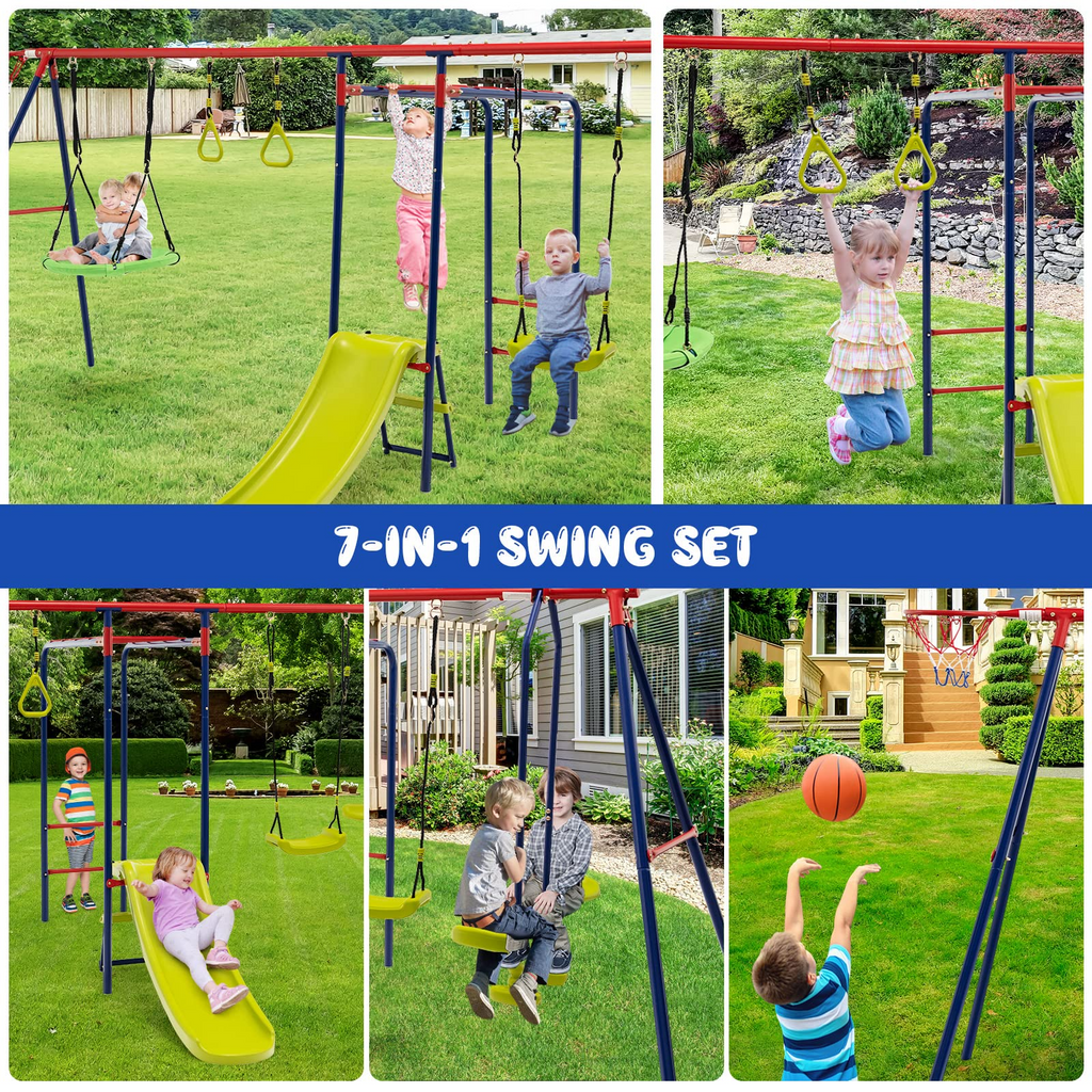 OLAKIDS 660lbs Swing Set, Outdoor A-Frame Heavy Duty Metal Swing Stand for Kids Adults, Backyard Playground Activity Playset with Slide, 2 Swings, Glider, Trapeze Rings, Monkey Bar, Basketball Hoop INFANS