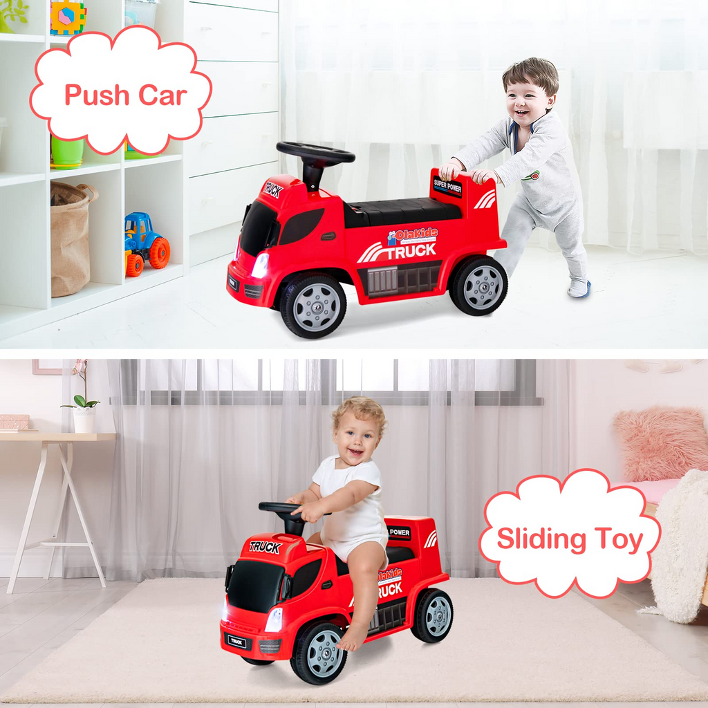 OLAKIDS Kids Ride On Push Car, 2 in 1 Foot-to-Floor Sliding Truck with Detachable Trailer, Steering Wheel, Headlights, Music, Alarm Sound, Toy Walker Gift for Toddlers Age 1.5-3 Boys Girls INFANS