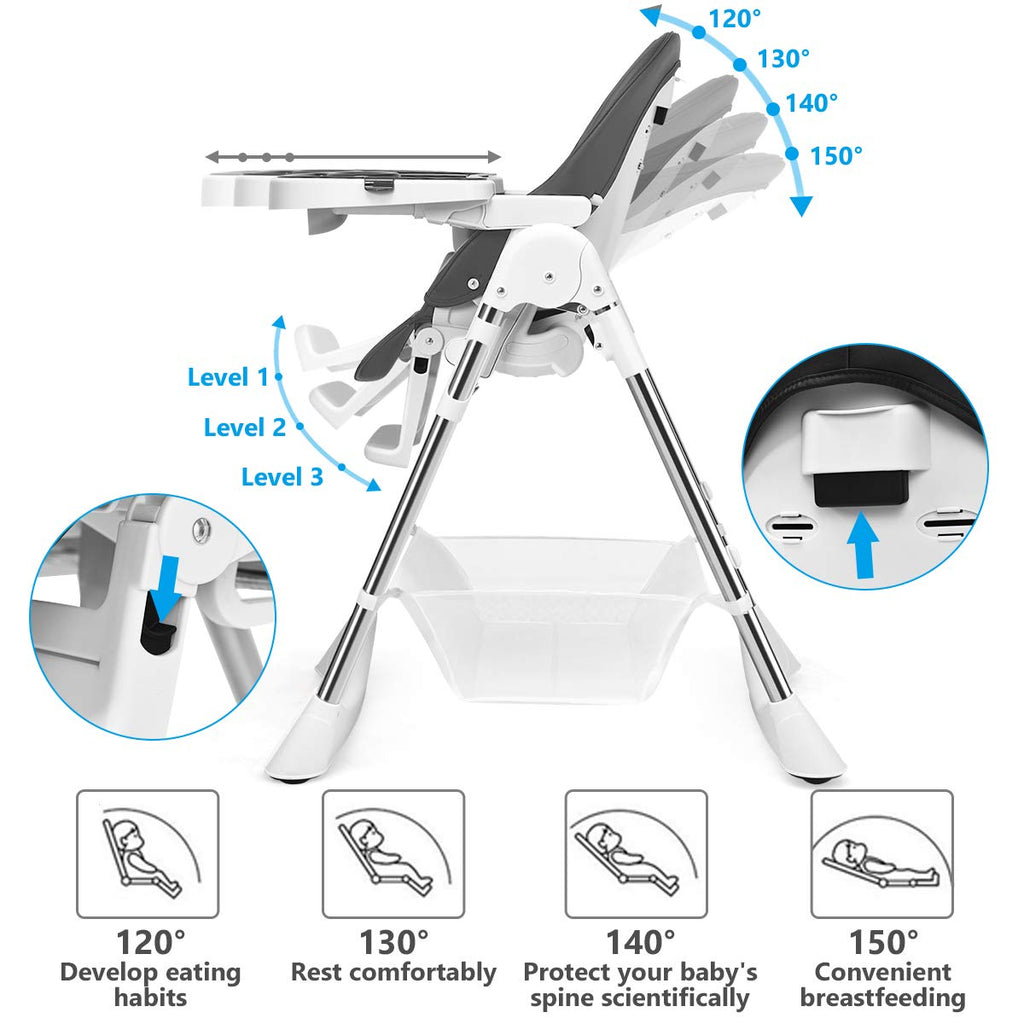 3 in 1 Foldable Baby High Chair with Detachable Double Trays & Removable PU Cushion INFANS