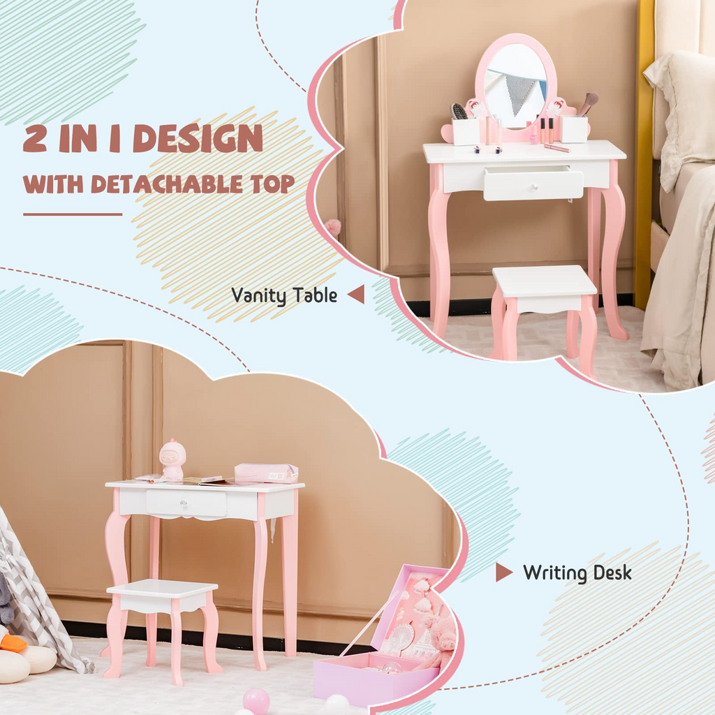 INFANS Kids Vanity Set with Mirror, 2 in 1 Wooden Princess Makeup Dressing Table with Stool and Drawers,Detachable Top INFANS