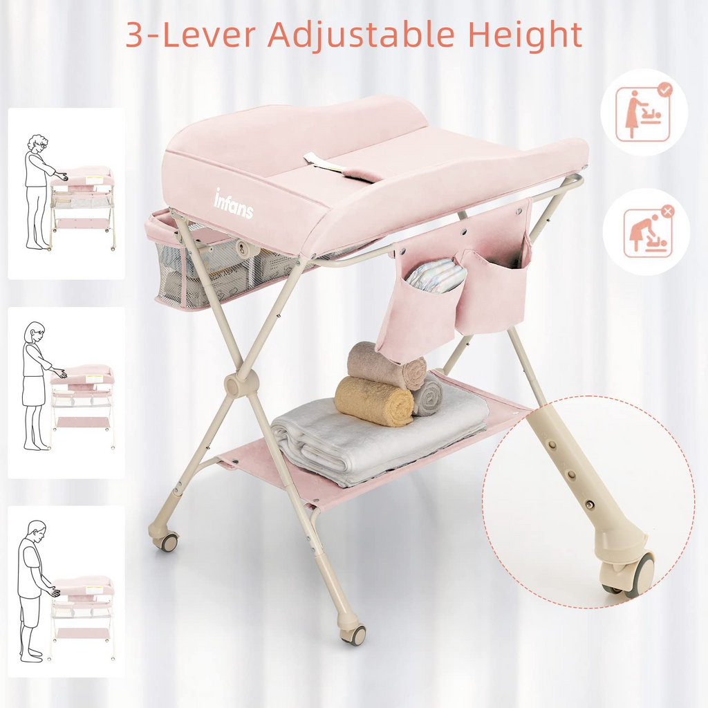 INFANS Portable Baby Changing Table, Folding Diaper Dresser Station with Wheels, Adjustable Height, Safety Belt, Drying and Storage Rack INFANS
