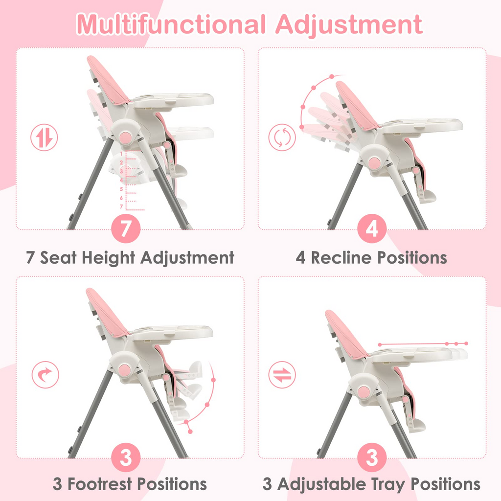INFANS High Chair for Babies and Toddlers, Foldable Highchair with 7 Different Heights 4 Reclining Backrest Seat 3 Setting Footrest INFANS