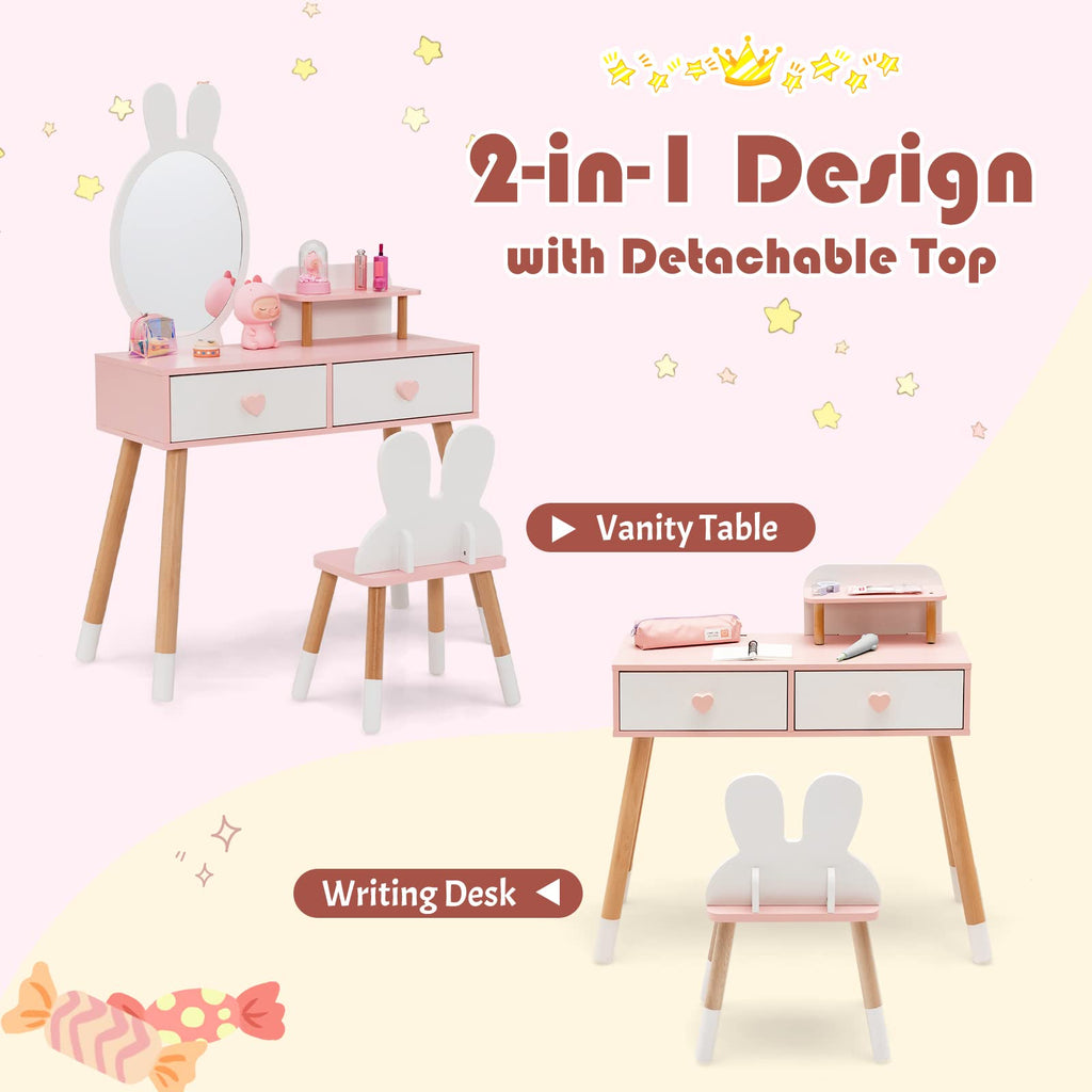 INFANS Kids Vanity Set, 2 in 1 Wooden Princess Makeup Table and Chair with Mirror INFANS