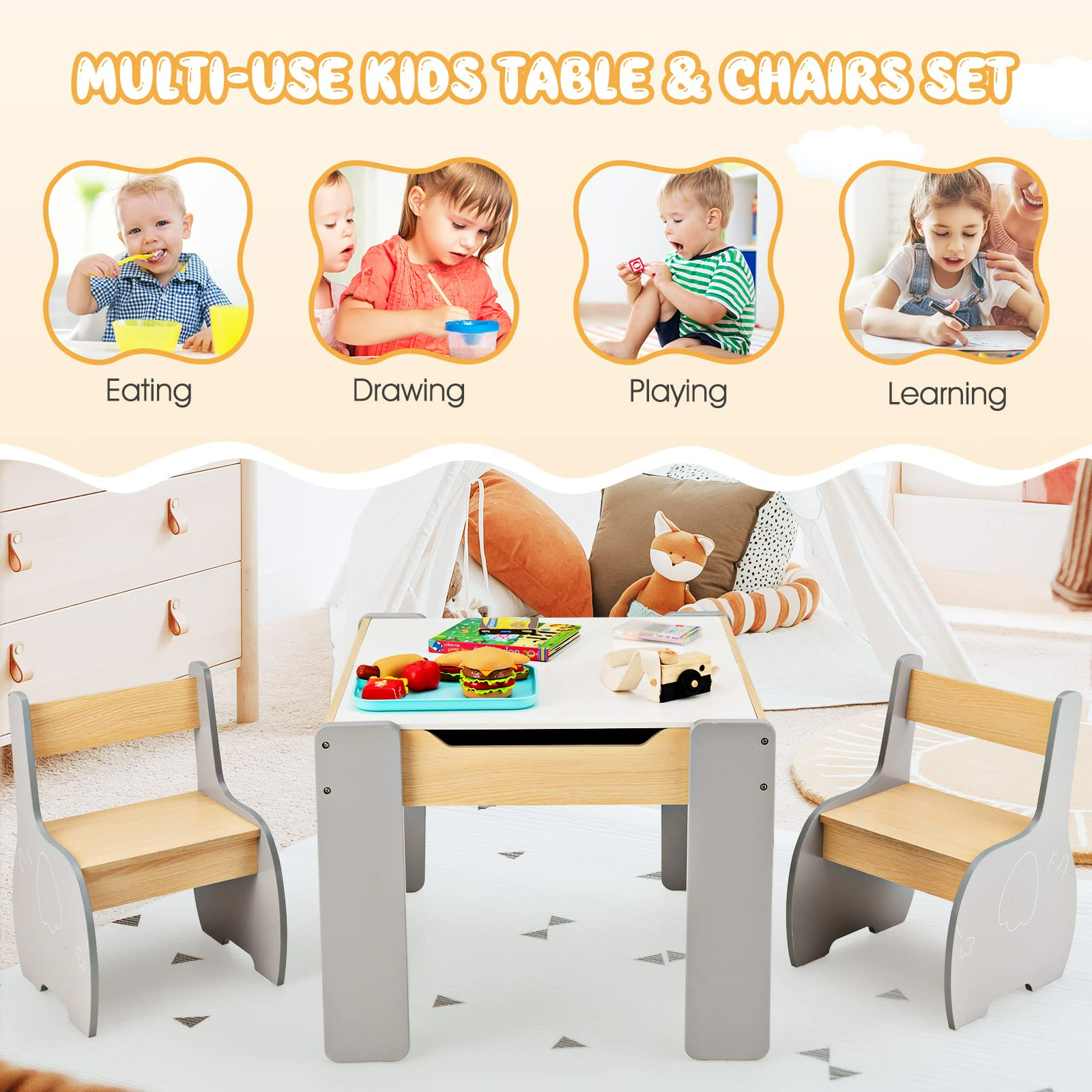 INFANS 3 in 1 Kids Table and Chair Set Wood Multi Activity Table with