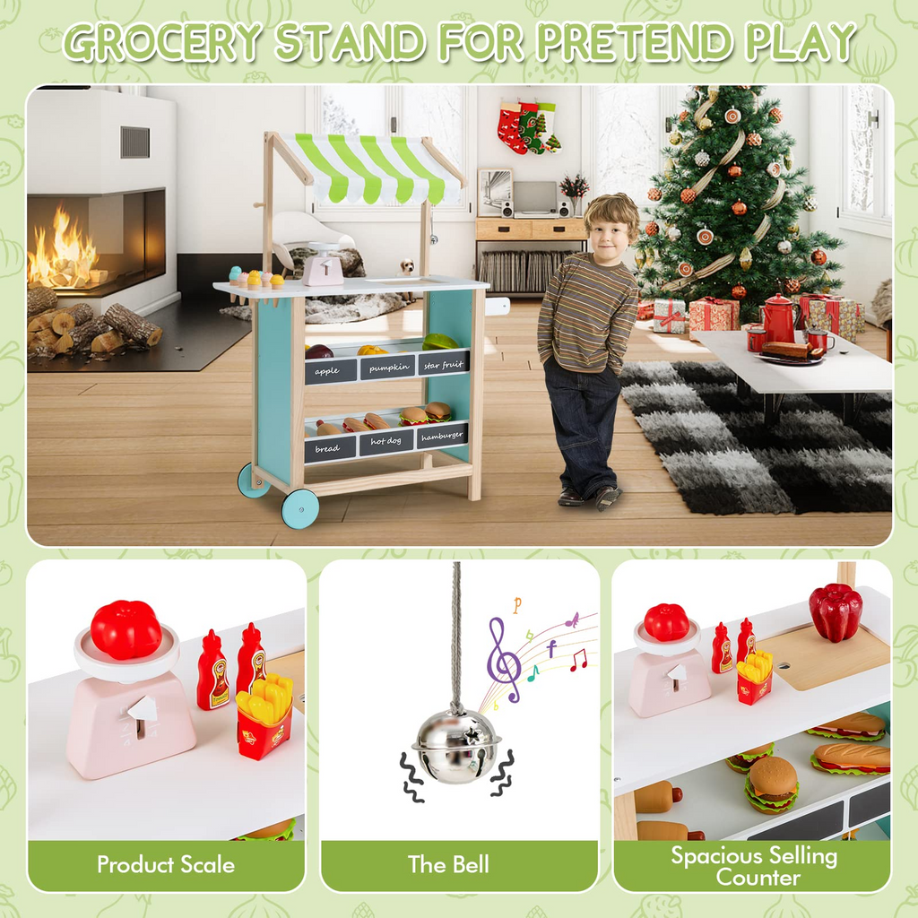INFANS Wooden Grocery Store Marketplace Toy, Colorful Supermarket Pretend Play, Extra Storage 6 Ice Creams Scales Bells Chalkboards INFANS