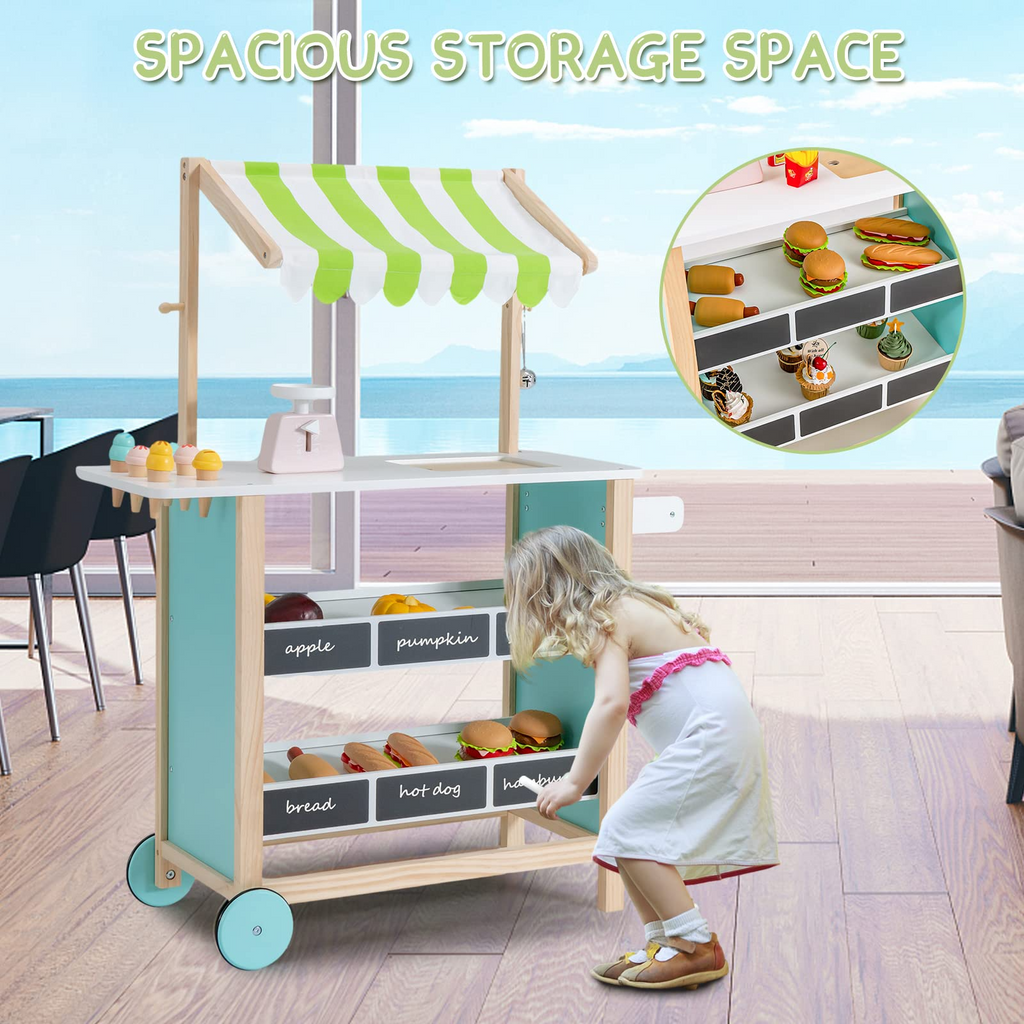 INFANS Wooden Grocery Store Marketplace Toy, Colorful Supermarket Pretend Play, Extra Storage 6 Ice Creams Scales Bells Chalkboards INFANS