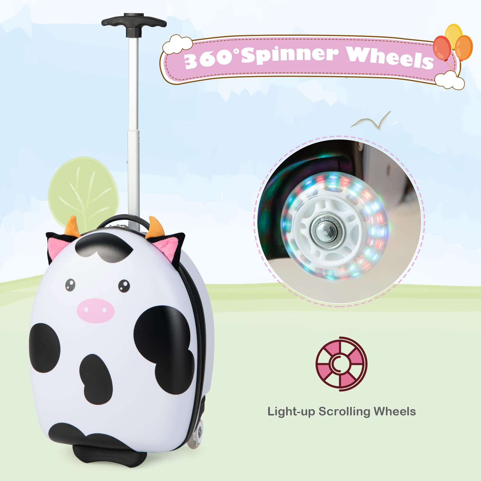 INFANS Kids Luggage, 16’’ Carry on Rolling Suitcase for Girls Boys with 2 Flashing Spinner Wheels, White Cow