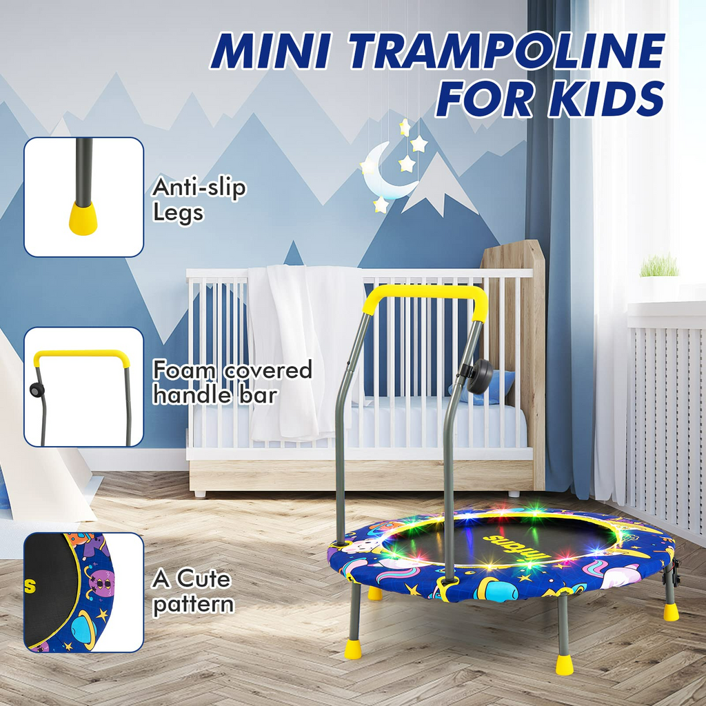 INFANS 36" Foldable Mini Trampoline with Bluetooth Audio LED Lights Detachable Handrail Safty Padded Cover INFANS