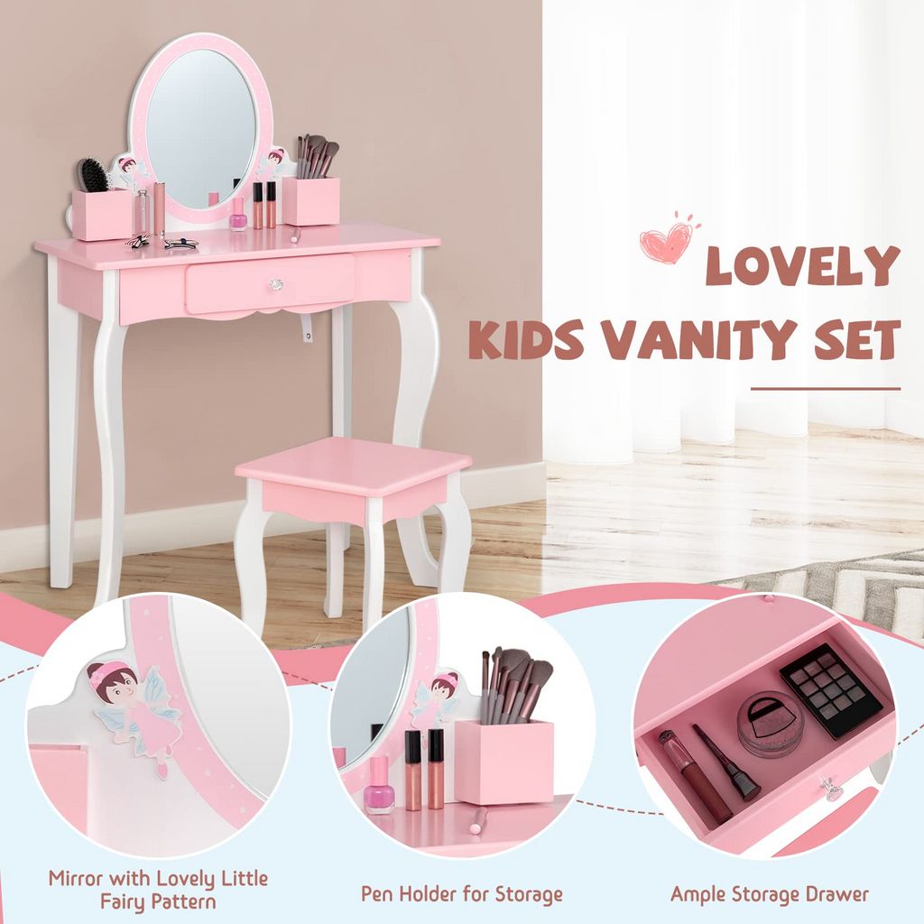 INFANS Kids Vanity Set with Mirror, 2 in 1 Wooden Princess Makeup Dressing Table with Stool and Drawers,Detachable Top INFANS