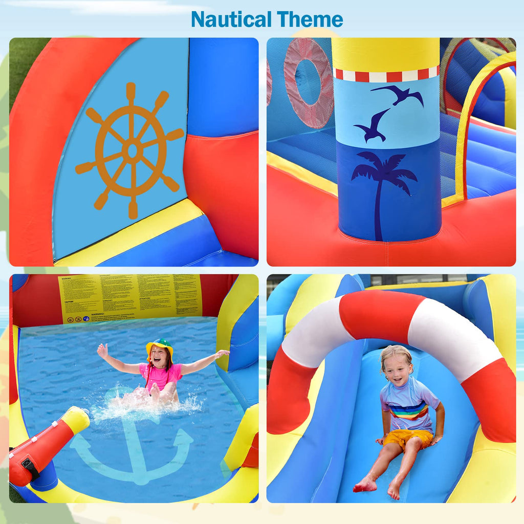 Infans Inflatable Water Slides, Nautical Themed Bouncy House with Slide, Splash Pool, Climbing Wall, Water Gun(Without blower) INFANS