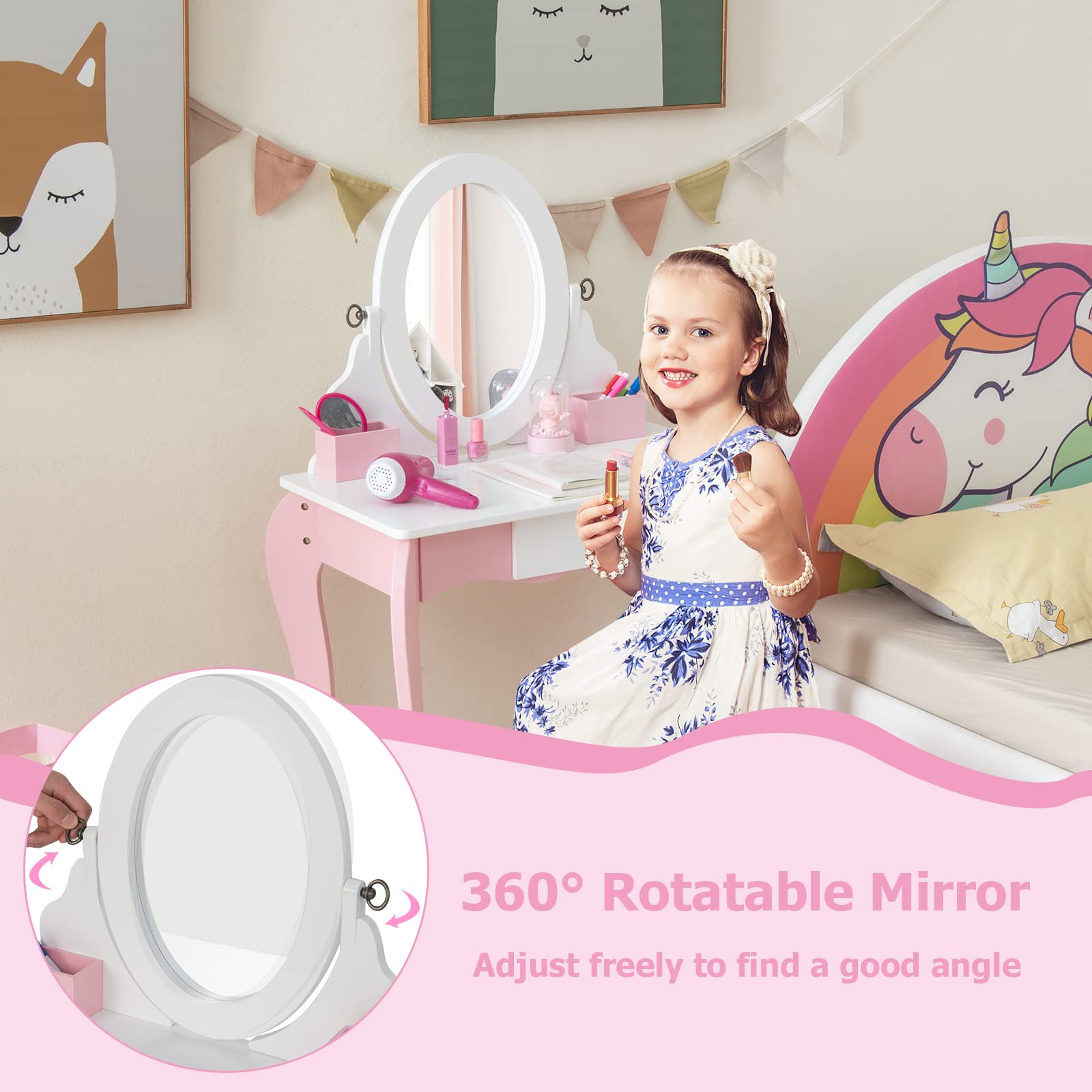 INFANS Kids Vanity with 360° Rotating Mirror and Drawing Board, 2 in 1 Princess Makeup Dressing Table and Stool with Accessories