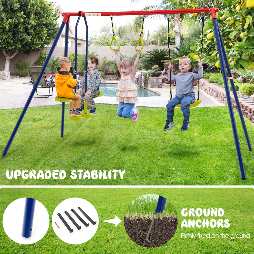 OLAKIDS 440lbs Swing Set, Outdoor 3 in 1 A-Frame Heavy Duty Metal Stand for Kids and Adults, Backyard Playground Activity Playset with Swing Seat, Glider, Trapeze Rings for Toddlers INFANS