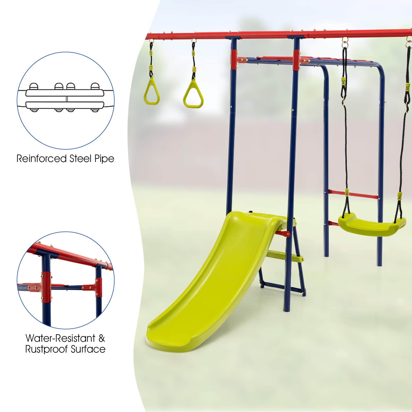 INFANS Swing Sets for Backyard, 7 in 1 Outdoor A-Frame Heavy Duty Metal  Swing Stand, Playground Playset with Slide