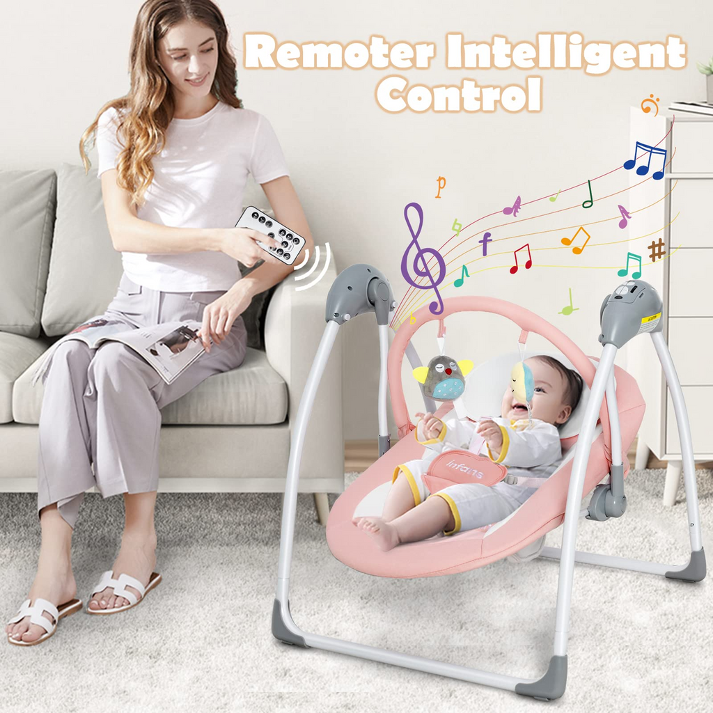 INFANS Baby Swing for Infants, Compact Portable Baby Electric Rocker for Newborn with 5 Speed Natural Sway Music Timing 2 Toys Remote Control, Easy Fold, 0-6 Months Boy Girl (Grey) INFANS