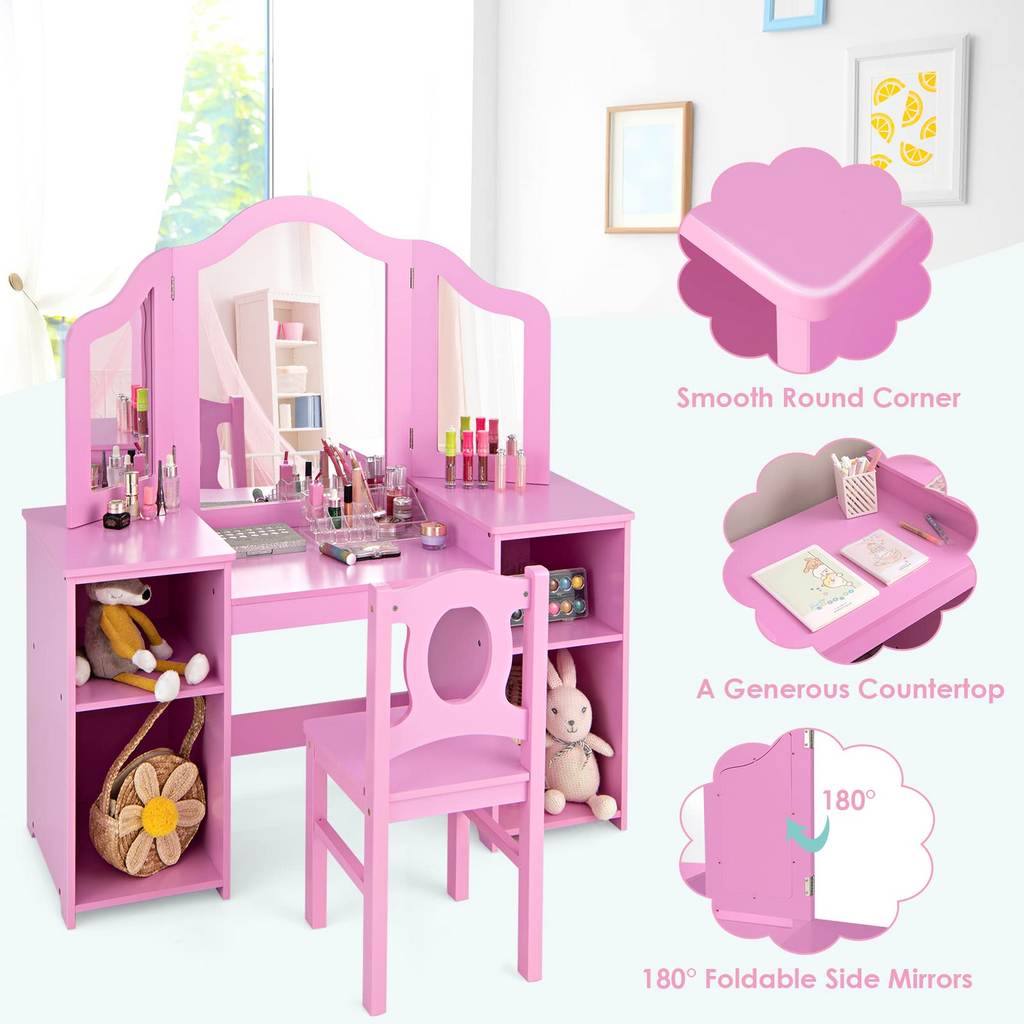 2 in 1 Princess Makeup Desk & Chair Set with Tri-Folding Detachable Mirror INFANS