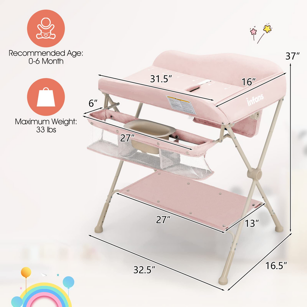 INFANS Portable Baby Changing Table, Folding Diaper Dresser Station with Wheels, Adjustable Height, Safety Belt, Drying and Storage Rack INFANS
