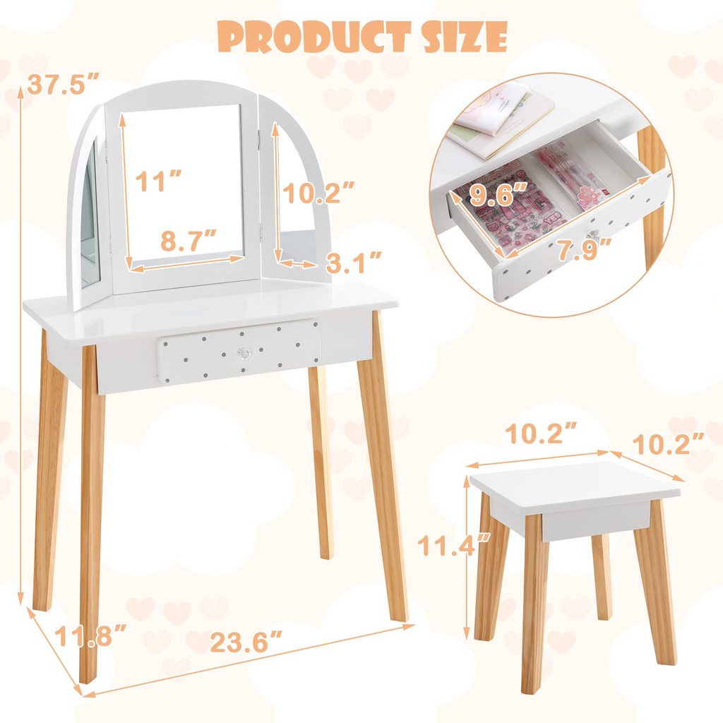 INFANS Kids Vanity Table and Chair Set, Pretend Beauty Play Vanity Set with Tri-Folding Mirror Drawer Stool and Detachable Top, 2 in 1 Wooden Princess Makeup Dressing Table for Girls INFANS