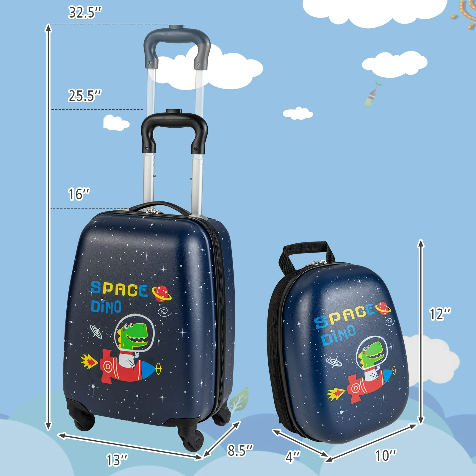 INFANS Kid Luggage Set, 12’’ Travel Backpack and 16’’ Carry on Suitcase with Rolling Spinner Wheels for Children Boys Girls, Space Dinosaur