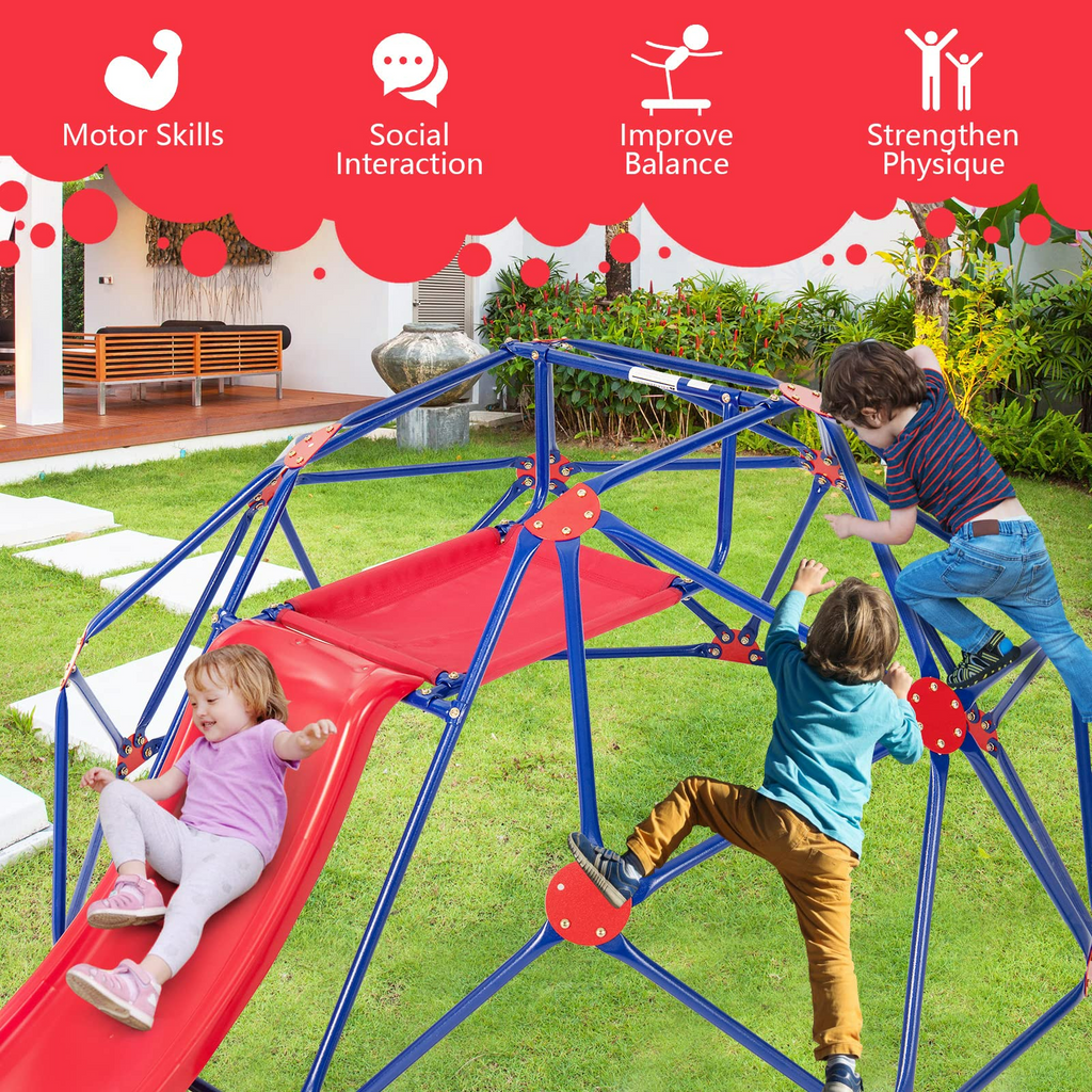 INFANS Climbing Dome, Kids Outdoor Jungle Gym Geodesic Climber Toy with Slide, Steel Frame, Playground Backyard Climb Structure Play Center Equipment INFANS