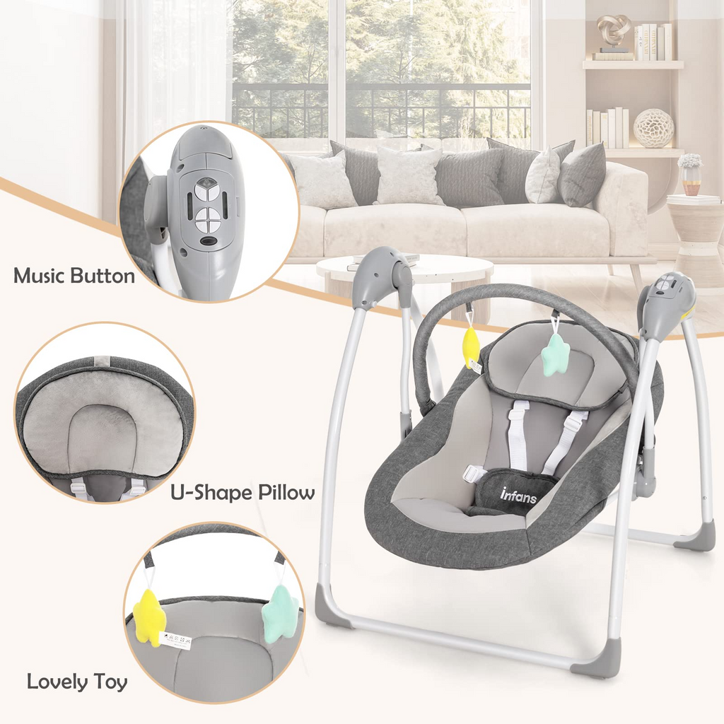 INFANS Baby Swing for Infants, Compact Portable Baby Electric Rocker for Newborn with 5 Speed Natural Sway Music Timing 2 Toys Remote Control, Easy Fold, 0-6 Months Boy Girl (Grey) INFANS