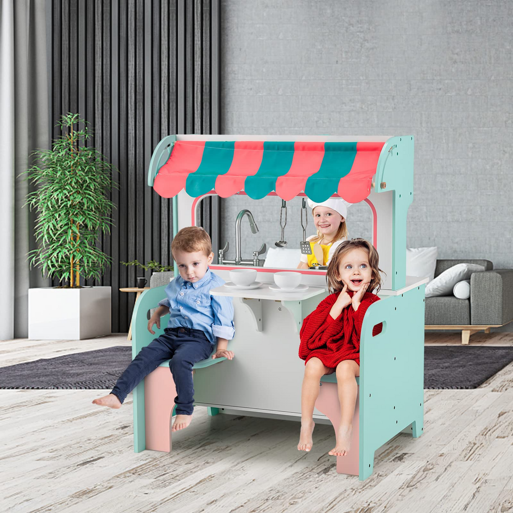 INFANS 2 in 1 Kids Play Kitchen and Restaurant, Double Sided Toddler Wooden Pretend Cooking Set with Stove Sink Microwave Storage Cabinet INFANS